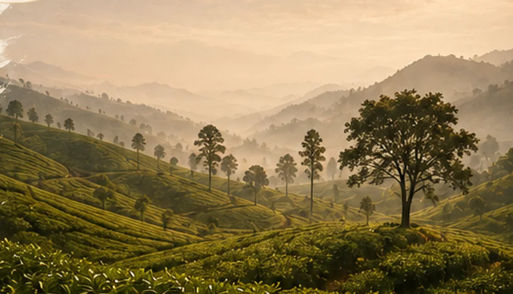 Misty tea gardens in the Indian hills at dawn